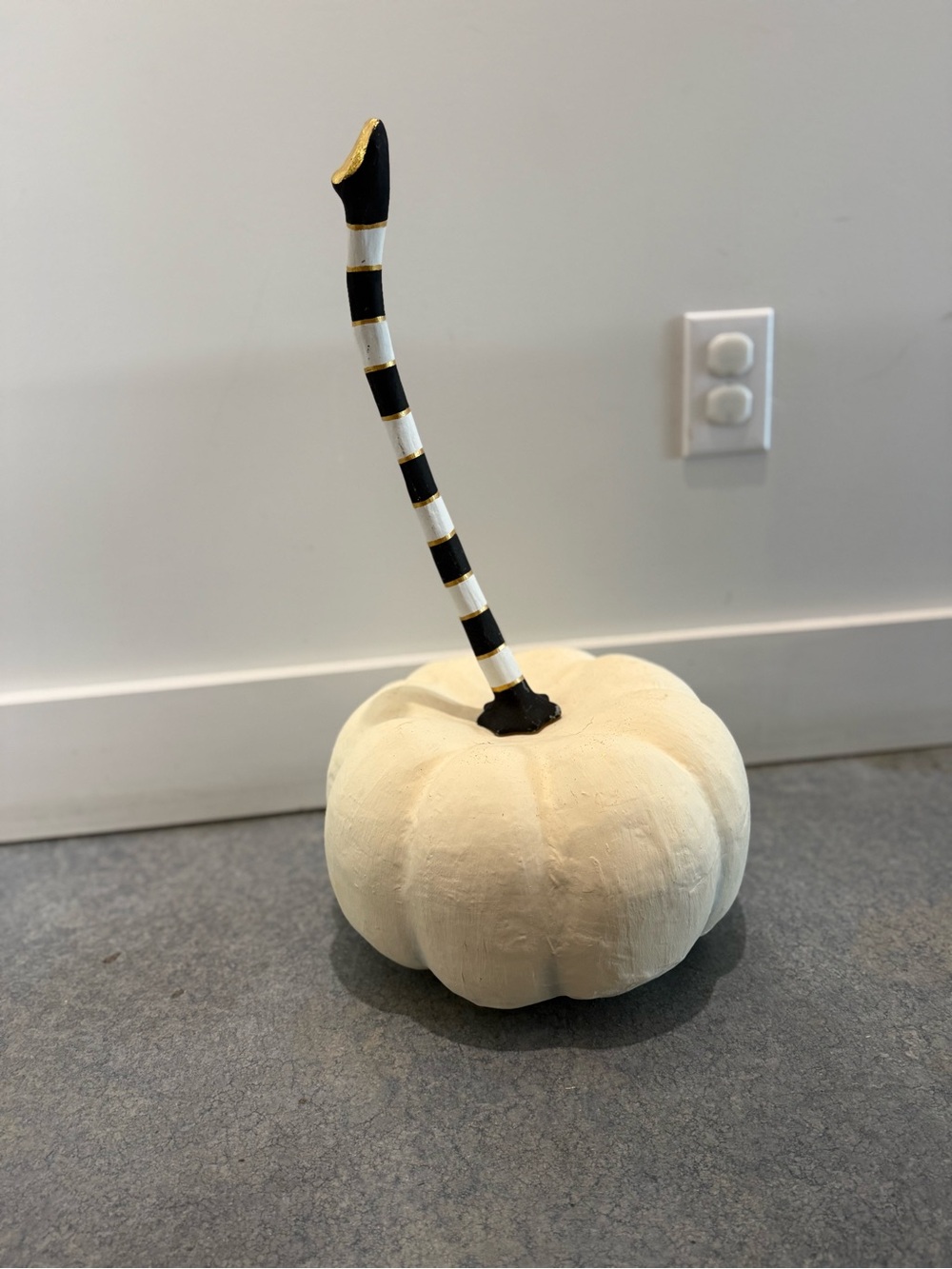 Glitterville White Decorative Pumpkin with Black & White Striped Stem